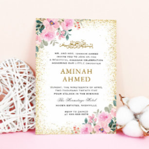 Invitación Marco dorado Floral rosa Aqiqa Aqeeqa Bebé