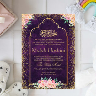 Invitación Marco dorado Floral rosa Aqiqa Aqeeqah