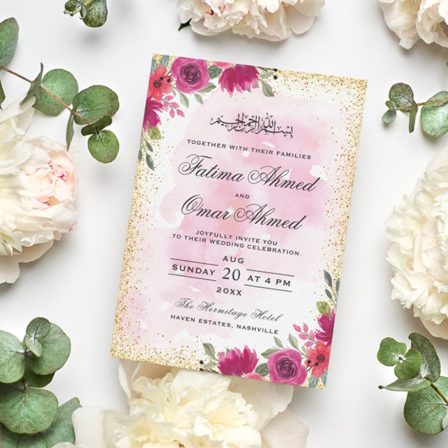 Invitación Marco dorado Floral rosa Boda musulmana islámica (Subido por el creador)