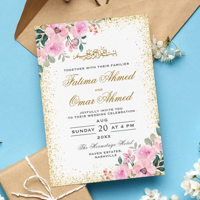 Invitación Marco dorado Floral rosa Boda musulmana islámica (Subido por el creador)