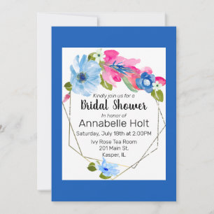 Invitación Marco dorado floral rosa caliente azul claro acuar