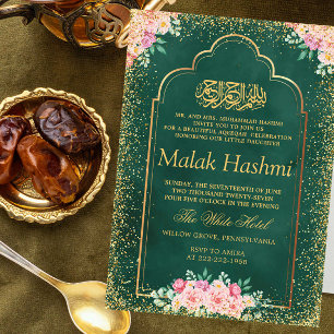 Invitación Marco dorado Floral rosa Verde Aqiqa Aqeeqah
