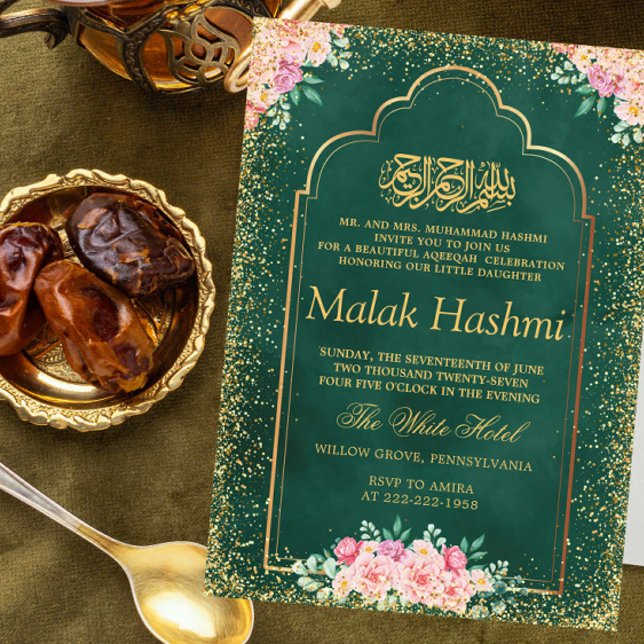 Invitación Marco dorado Floral rosa Verde Aqiqa Aqeeqah (Subido por el creador)