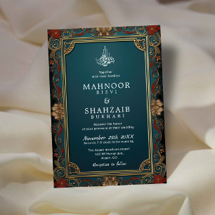 Invitación Marco dorado floral vintage Monograma Boda islámic
