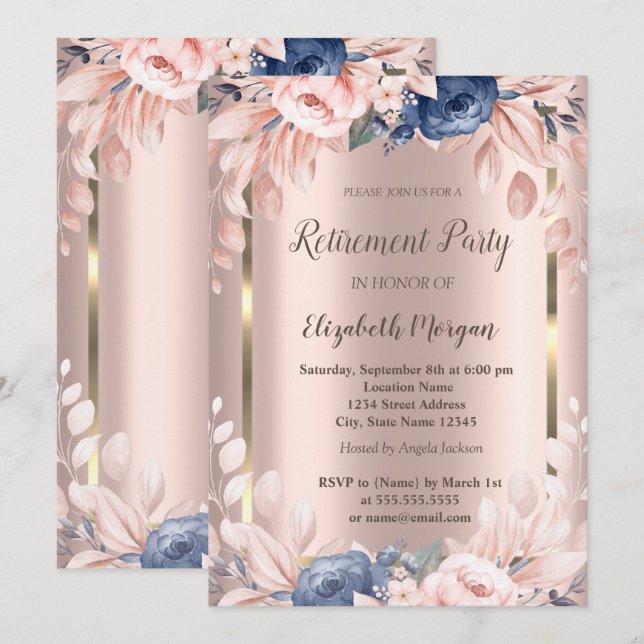 Invitación Marco dorado,Flores azules Rosa retiro de oro (Anverso / Reverso)