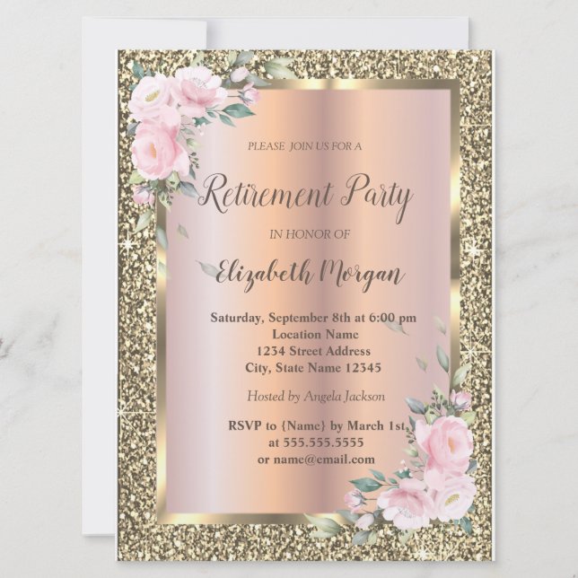 Invitación Marco dorado,Flores,Jubilación Purpurina (Anverso)