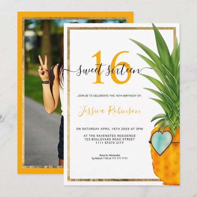 Invitación Marco dorado fresco de piña de verano Sweet 16 fot (Anverso / Reverso)