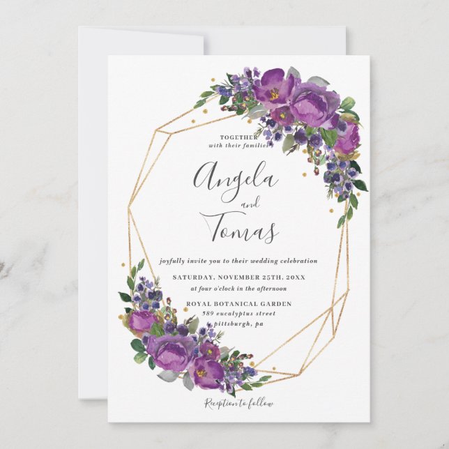 Invitación Marco dorado geométrico Boda floral de ciruela púr (Anverso)