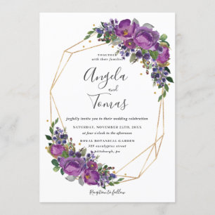 Invitación Marco dorado geométrico Boda floral de ciruela púr