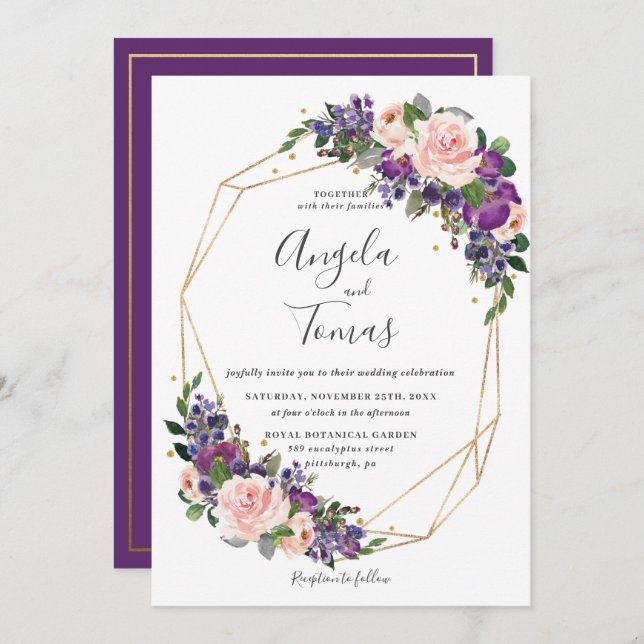 Invitación Marco dorado geométrico Boda floral de Rubor púrpu (Anverso / Reverso)