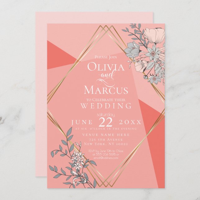 Invitación Marco Dorado Geométrico Floral Coral de Boda OnTre (Anverso / Reverso)
