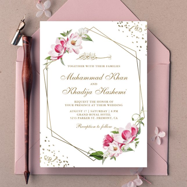 Invitación Marco dorado geométrico rosado floral Boda islámic (Subido por el creador)
