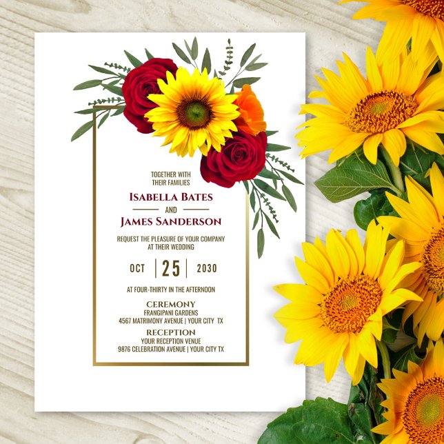 Invitación Marco dorado Girasol Borgoña Rosa Boda (Subido por el creador)