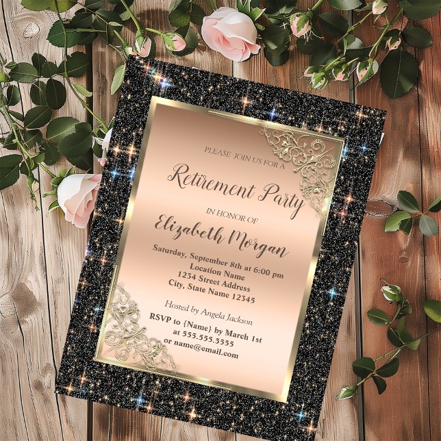 Invitación Marco dorado Jubilación Brillo Glitter Negro (Subido por el creador)