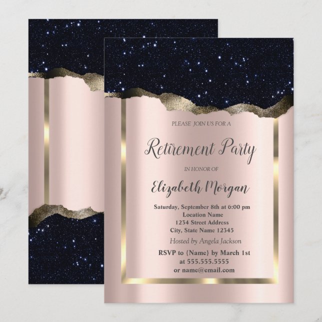 Invitación Marco dorado,Jubilación de oro de Rosa Purpurina n (Anverso / Reverso)
