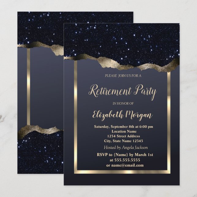 Invitación Marco dorado,Jubilación de Purpurina negro (Anverso / Reverso)