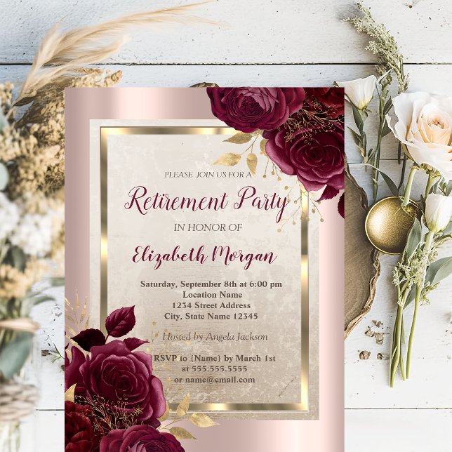 Invitación Marco dorado,Jubilación Rosa de Rosas de Borgoña (Subido por el creador)
