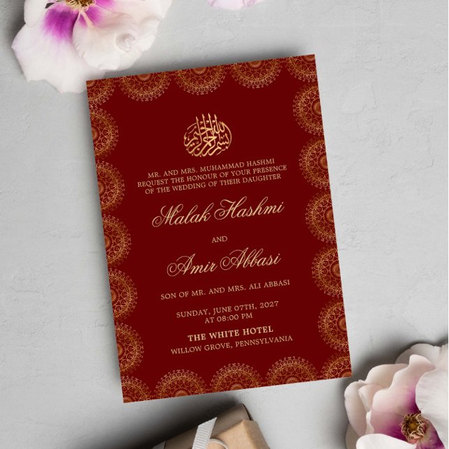 Invitación Marco dorado Mandala boda musulmán islámico rojo (Subido por el creador)