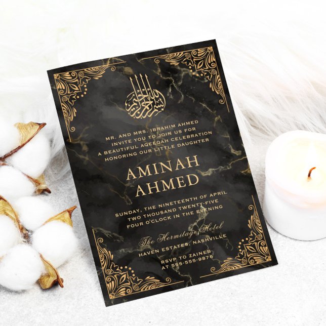 Invitación Marco dorado Marble negro slama Aqiqa Aqeeqa Bebé (Subido por el creador)