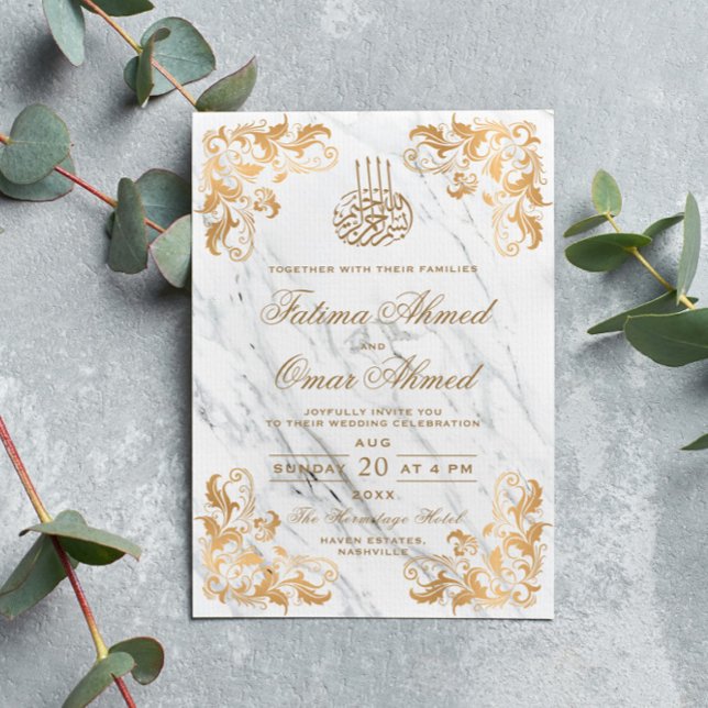 Invitación Marco dorado mármol mármol Boda musulmán islámico (Subido por el creador)