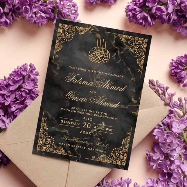 Invitación Marco dorado Mármol negro Boda musulmán islámico (Subido por el creador)