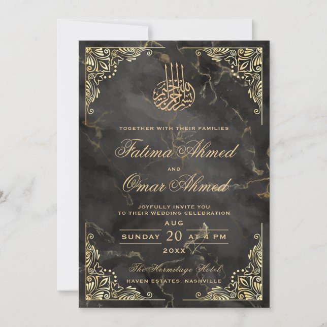 Invitación Marco dorado Mármol negro Boda musulmán islámico (Anverso)