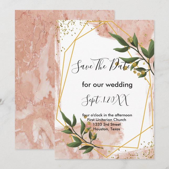 Invitación Marco dorado moderno Floral verde marfil guardar l (Anverso / Reverso)