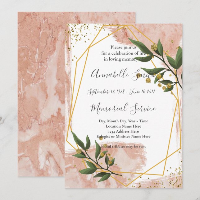 Invitación Marco dorado moderno Floral verde marfilMemoria am (Anverso / Reverso)