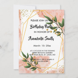 Invitación Marco dorado moderno Marfil Verde Floral Cumpleaño