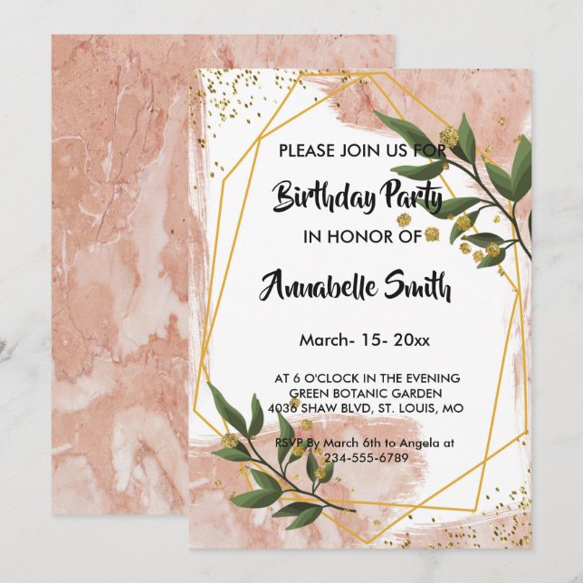 Invitación Marco dorado moderno Marfil Verde Floral Cumpleaño (Anverso / Reverso)