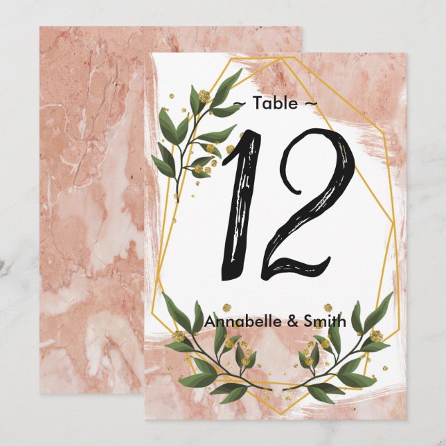 Invitación Marco dorado moderno Marfil Verde Floral número de (Anverso / Reverso)