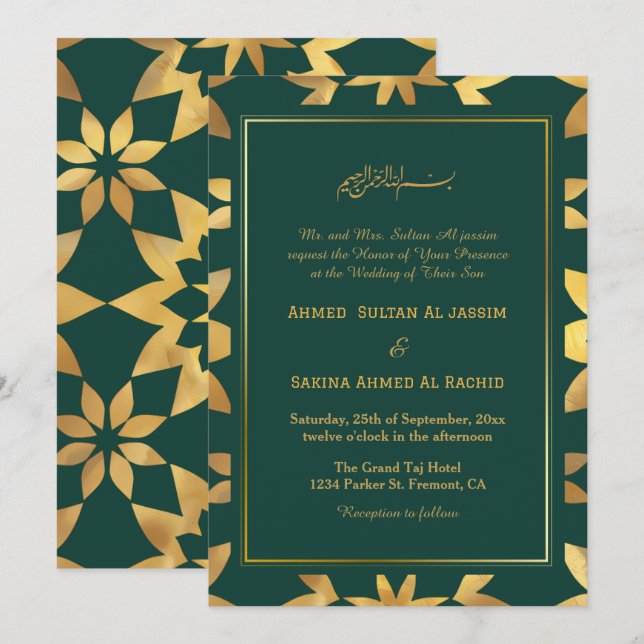 Invitación Marco dorado Organización Boda musulmana islámica  (Anverso / Reverso)