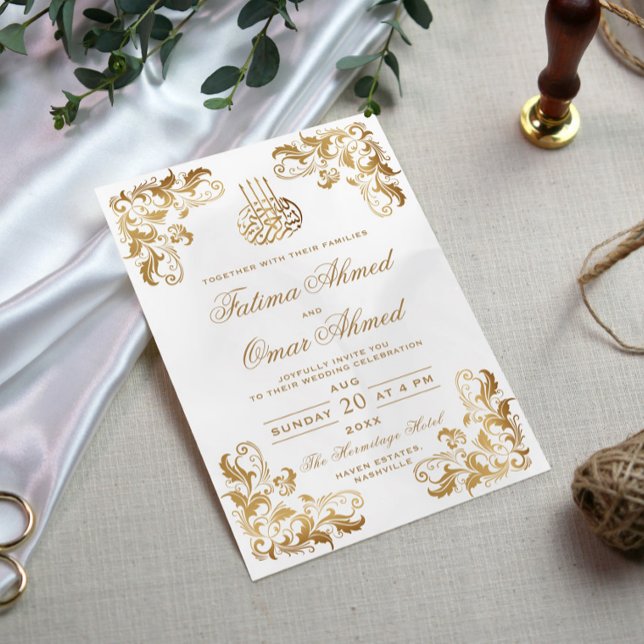 Invitación Marco dorado Ornate Ivory Boda musulmana (Subido por el creador)
