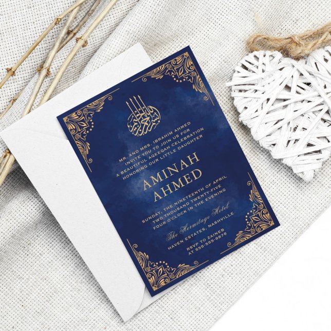 Invitación Marco dorado Ornato Azul Aqiqa Aqeeqa Bebé (Subido por el creador)