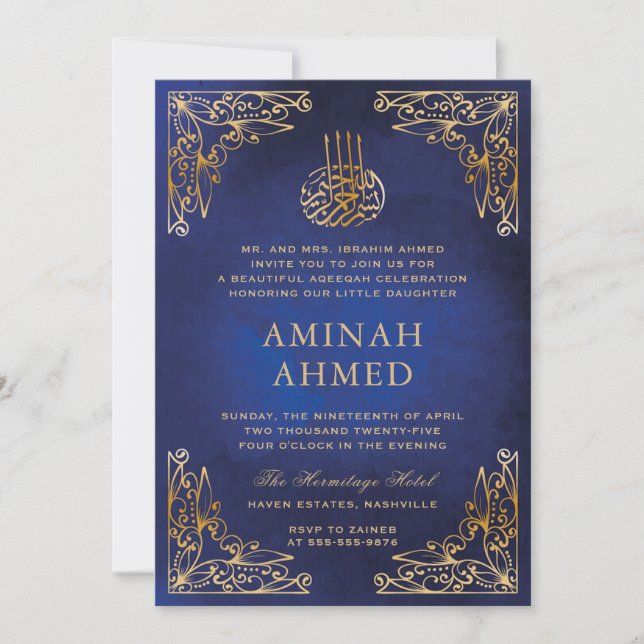 Invitación Marco dorado Ornato Azul Aqiqa Aqeeqa Bebé (Anverso)
