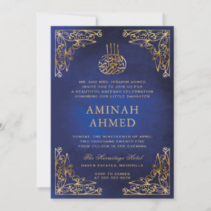Invitación Marco dorado Ornato Azul Aqiqa Aqeeqa Bebé