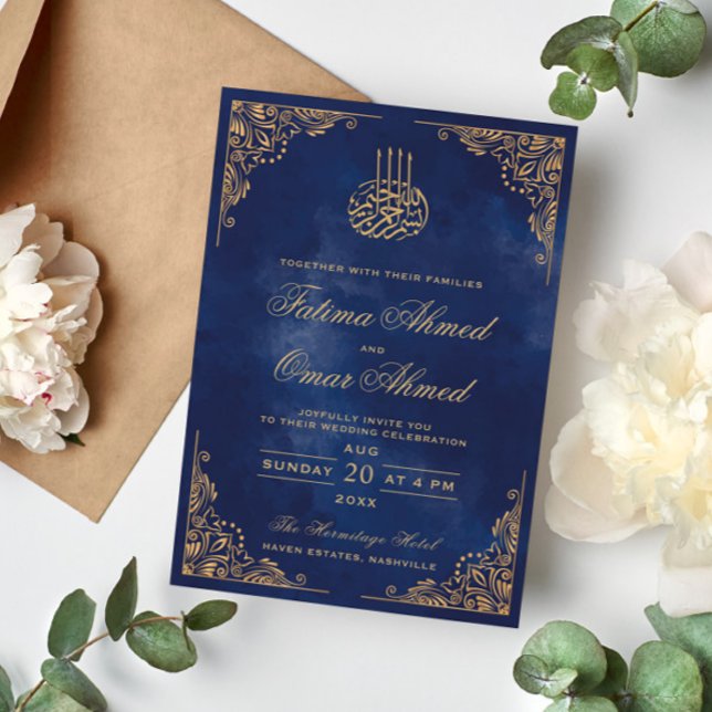 Invitación Marco dorado Ornato Azul Boda musulmán islámico (Subido por el creador)