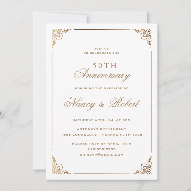 Invitación Marco dorado Ornato Blanco 50 Aniversario Boda (Anverso)