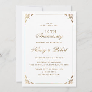 Invitación Marco dorado Ornato Blanco 50 Aniversario Boda