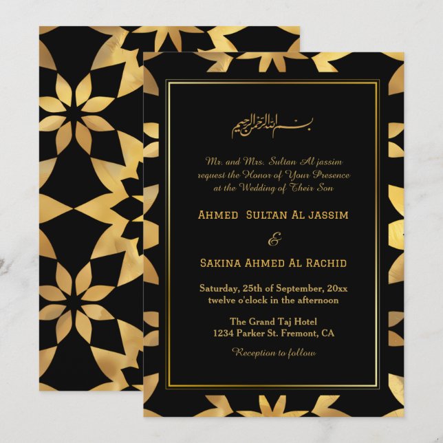 Invitación Marco dorado Ornato Boda musulmán islámico negro (Anverso / Reverso)