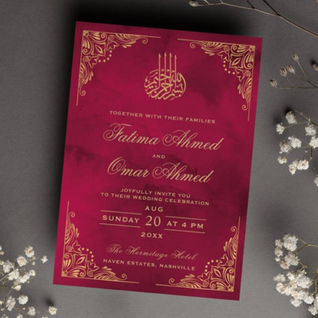 Invitación Marco dorado Ornato Boda musulmán rojo islámico (Subido por el creador)