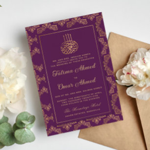 Invitación Marco dorado Ornato Morado Boda Musulmán Islámico