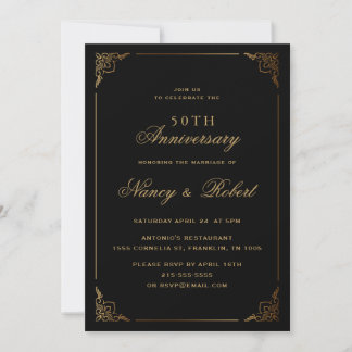 Invitación Marco dorado Ornato Negro 50 Aniversario Boda