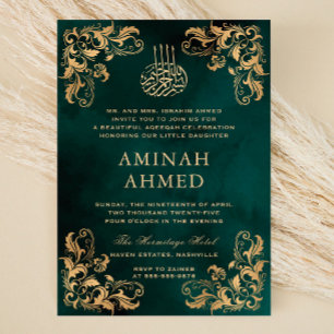Invitación Marco dorado Oscuro Verde Aqiqa Aqeeqa Bebé