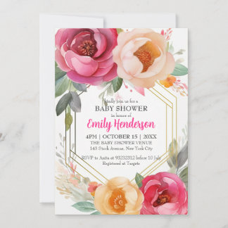 Invitación Marco dorado para Baby Shower con flores Pastel Ra