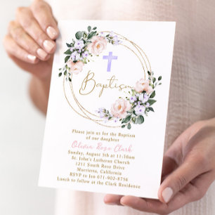 Invitación Marco dorado para el bautismo floral rosa y de lav