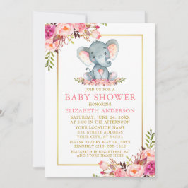 Invitación Marco dorado para elefante floral rosa Baby Shower