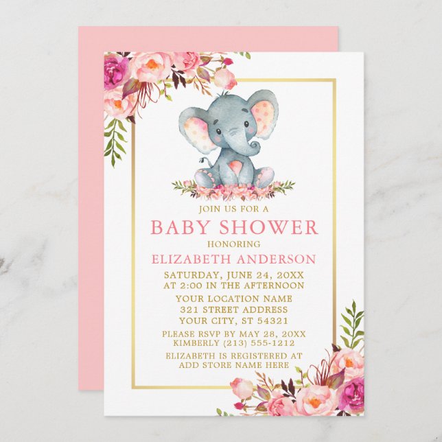 Invitación Marco dorado para elefante floral rosa Baby Shower (Anverso / Reverso)