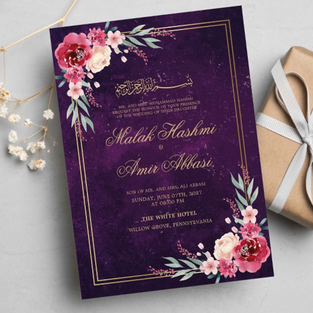 Invitación Marco dorado rojo floral Boda musulmán (Subido por el creador)
