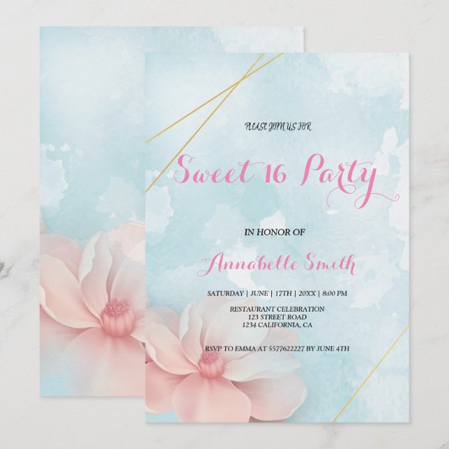 Invitación Marco dorado rosa floral azul acuarela dulce 16 (Anverso / Reverso)